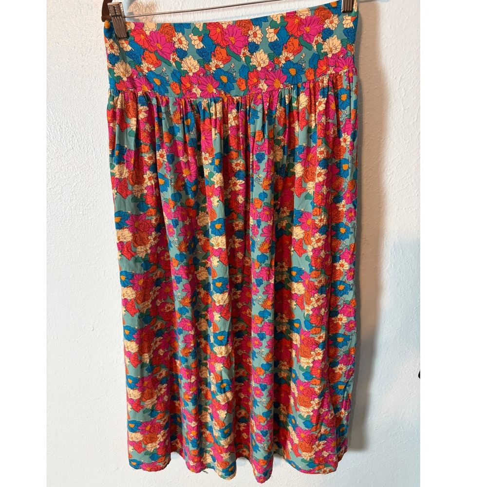 Natural Life Floral Smocked Waist Midi Skirt Teal Pink Blue Boho Festival Large - Picture 1 of 4